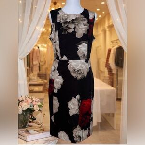 Calvin Klein Floral Sleeveless Dress - Black, White, Red roses.